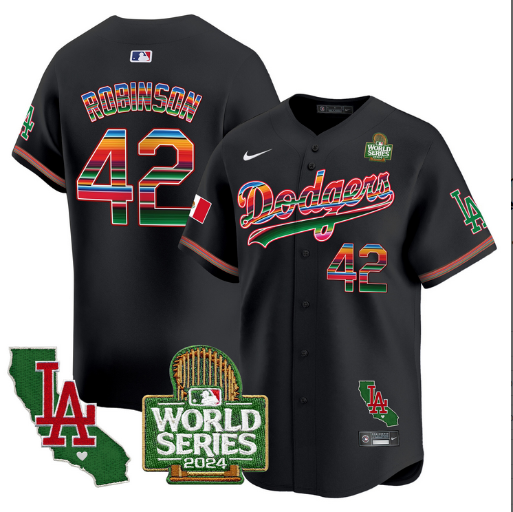 Men MLB Mexico Los Angeles Dodgers 42 Robinson black 2024 World Series Champions Patch Jersey 20241105